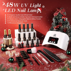 Gel Nail Polish Starter Kit with 48W U V Light, 12 Colors Valentines Day with Top & Base Coat, White Black Pink Red Glitter Classic Shades, Nail Art Manicure Design Powder Rhinestone Gems Tools