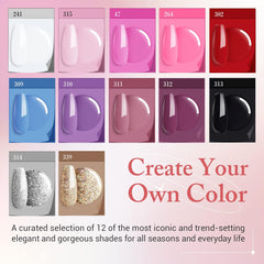 Gel Nail Polish Starter Kit with 48W U V Light, 12 Colors Valentines Day with Top & Base Coat, White Black Pink Red Glitter Classic Shades, Nail Art Manicure Design Powder Rhinestone Gems Tools