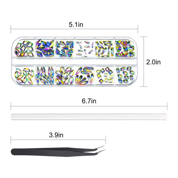 Nail Art Stud Diamonds Set,  Multi Shape Glass Crystal AB Nail Jewels, Bling Nail Gems and Diamonds 3D Nail Charms, Flatback Nail Rhinestones for Nails Art Decorations Kit, Mix 12 Styles
