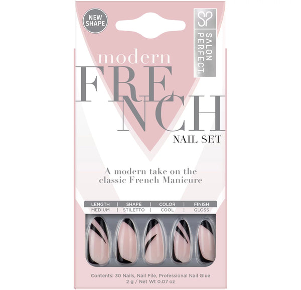 Modern French Press on Nails, Black Swirl Fake Nail Kit, 30 Pieces