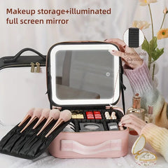 Makeup Bag with Mirror of LED Lighted, Travel Makeup Train Case Cosmetic Bag Organizer with Mirror and Lights, Make up Bag with Light up Mirror Adjustable Divider Brush Board