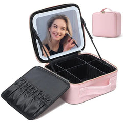 Makeup Bag with Mirror of LED Lighted, Travel Makeup Train Case Cosmetic Bag Organizer with Mirror and Lights, Make up Bag with Light up Mirror Adjustable Divider Brush Board