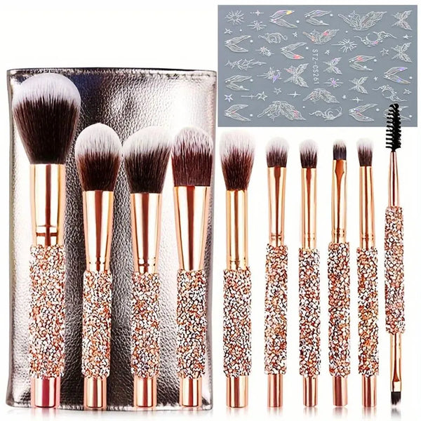11Pcs/Set High-End Drilling Makeup Brush Set Nail Art 3D Patches Women'S Makeup Brushes Professional Grade Handmade Customized Makeup Brushes Spring Makeup Tool Sets, Makeup Accessories, Portable Travel Makeup Brush Tools, Mother'S Day Gift