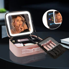 Makeup Bag with Mirror of LED Lighted, Travel Makeup Train Case Cosmetic Bag Organizer with Mirror and Lights, Make up Bag with Light up Mirror Adjustable Divider Brush Board