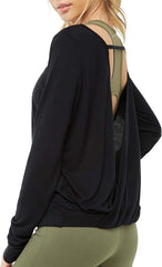 Women'S Long Sleeve Open Back Workout Shirts Loose Backless Yoga Shirts Thumb Hole Shirts