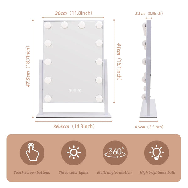 14''X18'' Vanity Makeup Mirror with Lights Tabletop Metal White
