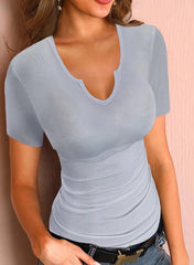 Womens Short Sleeve T Shirts Tops V Neck Summer Short Sleeve Sexy Shirts Casual Slim Fitted Short Sleeve T Shirts for Women Summer Basic Top Tees T-Shirt for Women Gray