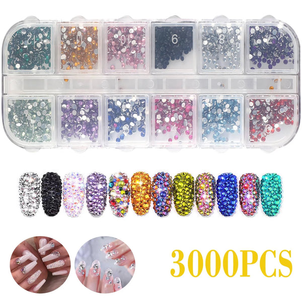3000Pcs Nail Rhinestones, Crystal Nail Art Gems, Flatback Glass Nail Jewels Rhinestone Nail Studs, 12 Mixed Color Crystals Rhinestones with Dotting Pen for Nails Stud Clothes Shoes Bags Decoration