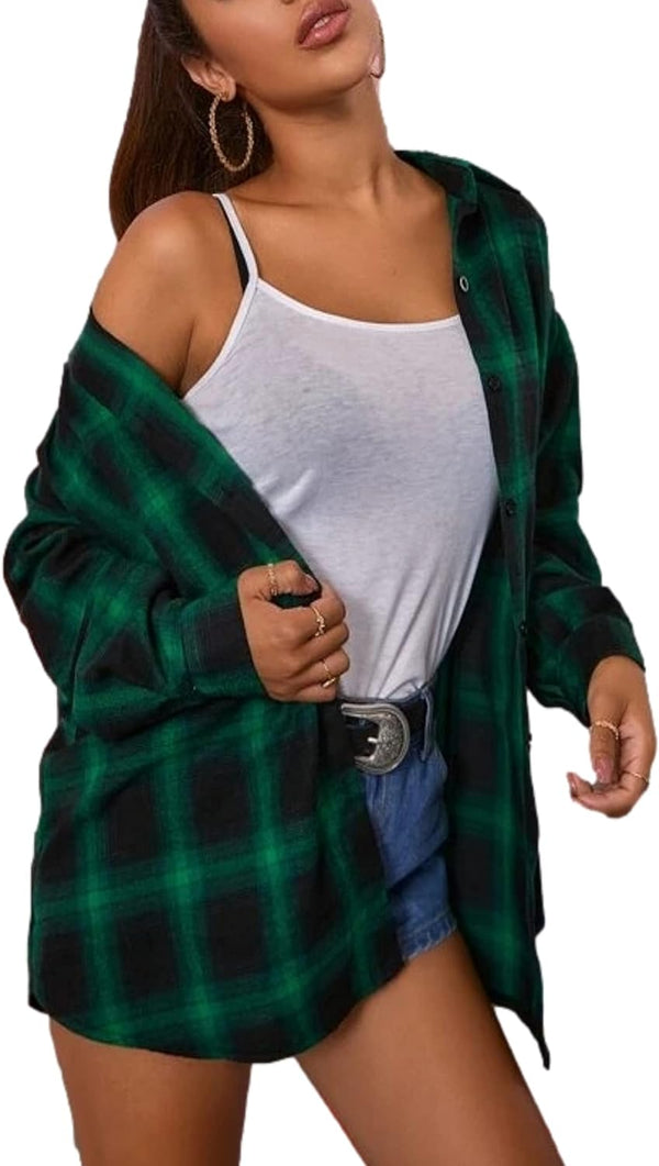 Womens Flannel Plaid Shirts Oversized Button down Shirts Blouse Tops
