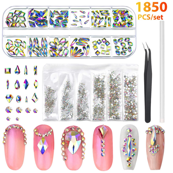 Nail Art Stud Diamonds Set,  Multi Shape Glass Crystal AB Nail Jewels, Bling Nail Gems and Diamonds 3D Nail Charms, Flatback Nail Rhinestones for Nails Art Decorations Kit, Mix 12 Styles