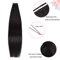 Frances Black Tape in Hair Extensions Human Hair 100% Real Seamless Straight