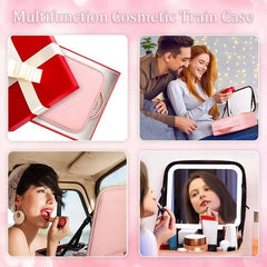 Makeup Bag with Mirror of LED Lighted, Travel Makeup Train Case Cosmetic Bag Organizer with Mirror and Lights, Make up Bag with Light up Mirror Adjustable Divider Brush Board