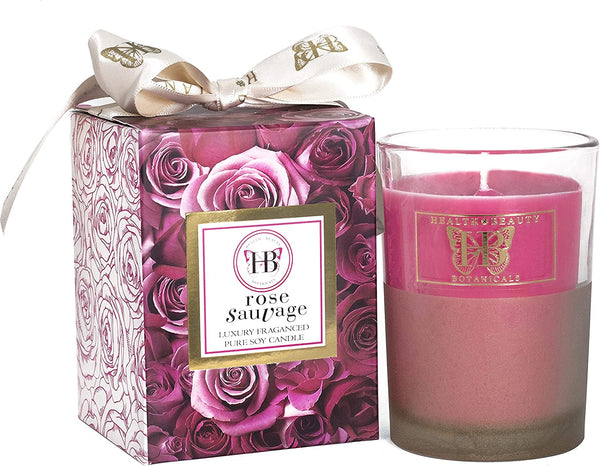 HB Botanicals Luxury Candle Rose Sauvage Wild Rose Highly Scented Soy Candle with Rosé Wax. Clean Burn in 7.5 Oz Frosted Gold Glass Gold Embossed Gift Box. Safe Cotton Wick