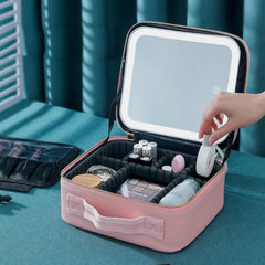 Makeup Bag with Mirror of LED Lighted, Travel Makeup Train Case Cosmetic Bag Organizer with Mirror and Lights, Make up Bag with Light up Mirror Adjustable Divider Brush Board