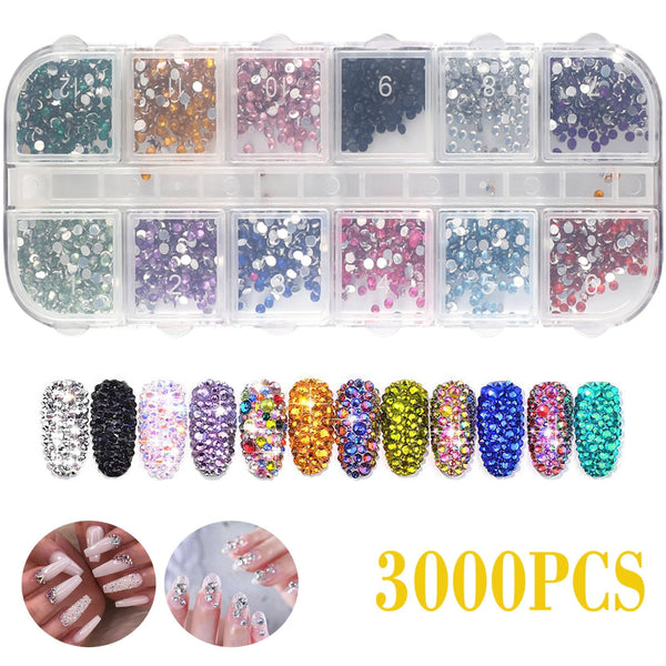 3000Pcs Nail Rhinestones, Crystal Nail Art Gems, Flatback Glass Nail Jewels Rhinestone Nail Studs, 12 Mixed Color Crystals Rhinestones with Dotting Pen for Nails Stud Clothes Shoes Bags Decoration