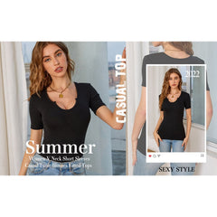 Womens Short Sleeve T Shirts Tops V Neck Summer Short Sleeve Sexy Shirts Casual Slim Fitted Short Sleeve T Shirts for Women Summer Basic Top Tees T-Shirt for Women Gray