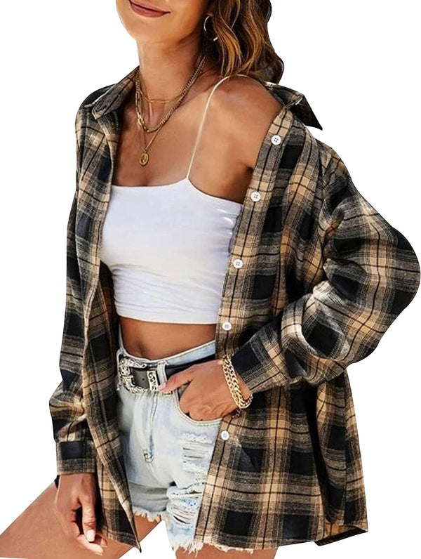 Womens Flannel Plaid Shirts Oversized Button down Shirts Blouse Tops