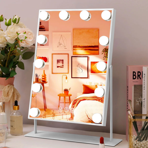 14''X18'' Vanity Makeup Mirror with Lights Tabletop Metal White