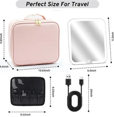 Makeup Bag with Mirror of LED Lighted, Travel Makeup Train Case Cosmetic Bag Organizer with Mirror and Lights, Make up Bag with Light up Mirror Adjustable Divider Brush Board