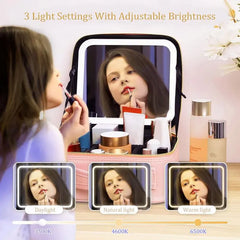 Makeup Bag with Mirror of LED Lighted, Travel Makeup Train Case Cosmetic Bag Organizer with Mirror and Lights, Make up Bag with Light up Mirror Adjustable Divider Brush Board