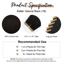 WIGI Tape in Hair Extensions Real Human Hair Straight Seamless Skin Weft Tape Hair Extensions Natural Black Hair Extensions 50G/Pack 20Pcs