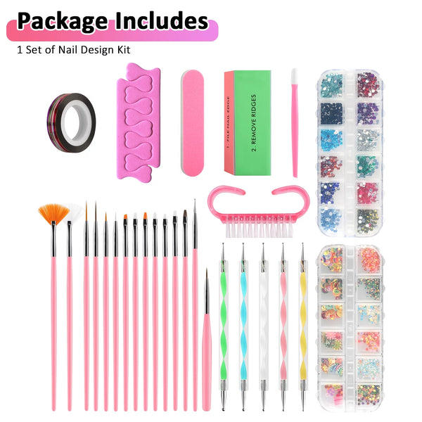 Acrylic Nail Art Kit Tools,  Nail Design Kit with 2000Pcs Nails Crystals Glitter Rhinestones, Double-End Art Dotting Pen, Nail Art Brushes, 1Mm Nail Art Stripe Tapes, Nail Accessories