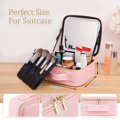 Makeup Bag with Mirror of LED Lighted, Travel Makeup Train Case Cosmetic Bag Organizer with Mirror and Lights, Make up Bag with Light up Mirror Adjustable Divider Brush Board