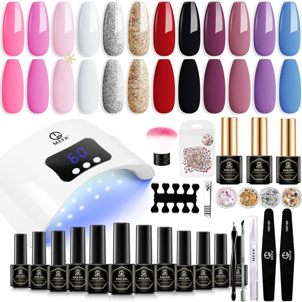 Gel Nail Polish Starter Kit with 48W U V Light, 12 Colors Valentines Day with Top & Base Coat, White Black Pink Red Glitter Classic Shades, Nail Art Manicure Design Powder Rhinestone Gems Tools