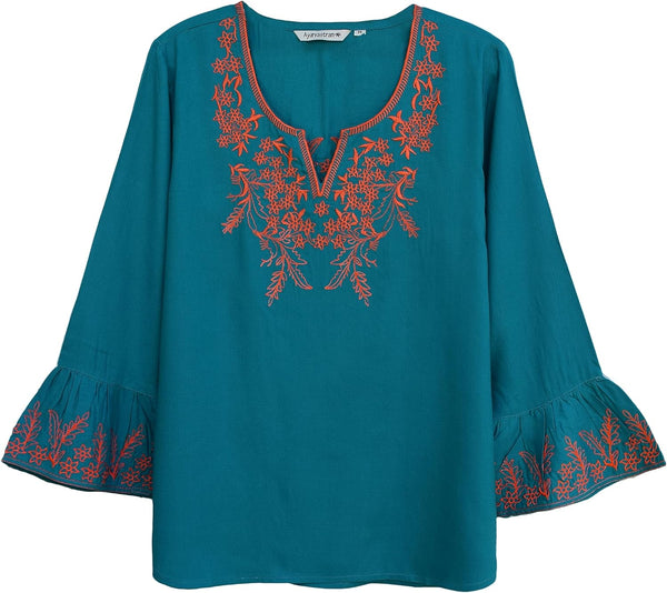 Tia Viscose Rayon Embroidered, Bell Sleeves Tunic Top Bouse