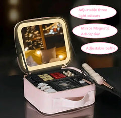 Makeup Bag with Mirror of LED Lighted, Travel Makeup Train Case Cosmetic Bag Organizer with Mirror and Lights, Make up Bag with Light up Mirror Adjustable Divider Brush Board