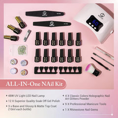 Gel Nail Polish Starter Kit with 48W U V Light, 12 Colors Valentines Day with Top & Base Coat, White Black Pink Red Glitter Classic Shades, Nail Art Manicure Design Powder Rhinestone Gems Tools