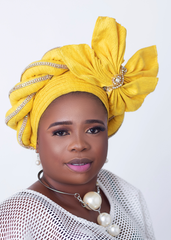 African/Nigerian Style Yellow Auto Gele Head Wrap Embellished With Double Bow