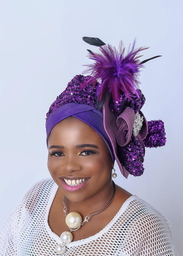 African/Nigerian Auto Gele Purple Head Wrap