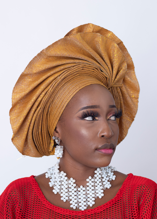 African/Nigerian Style Mustard and Gold Auto Gele Head Wrap