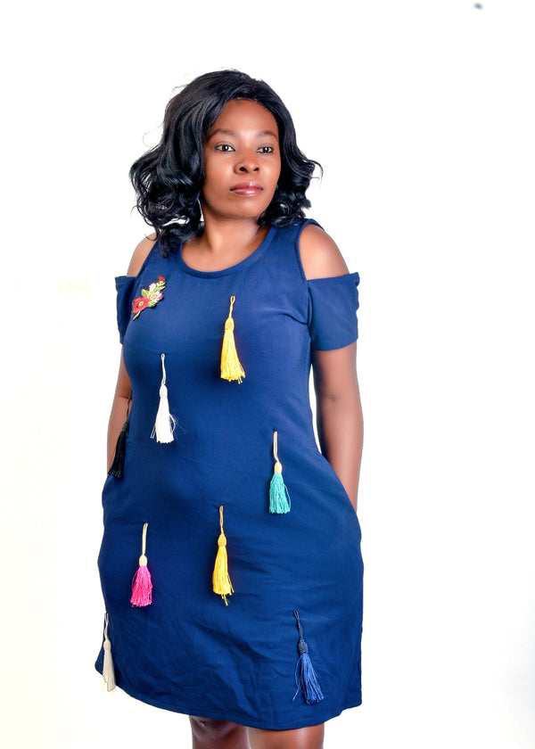Lovely Blue Dress With Multicolored Tassel