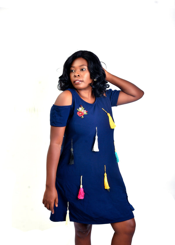 Lovely Blue Dress With Multicolored Tassel