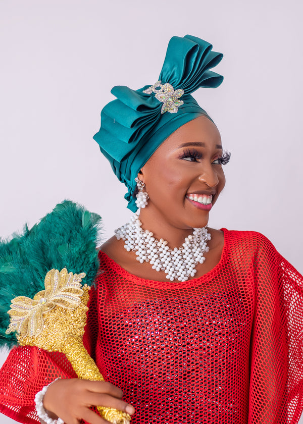 African/Nigerian Style Emerald Green Auto Gele Tuban Head Wrap