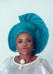African/Nigerian Style Turquoise and Silva Auto Gele Tuban Head Wrap