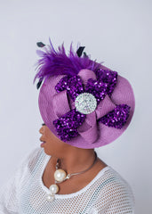 African/Nigerian Turban Purple sequence, feathers and woven material