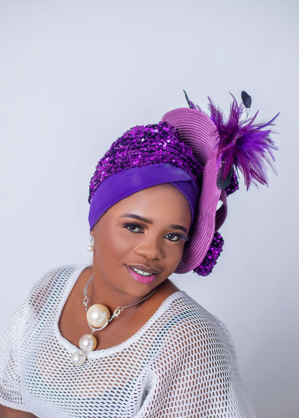 African/Nigerian Turban Purple sequence, feathers and woven material