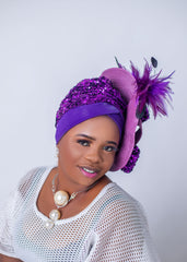 African/Nigerian Turban Purple sequence, feathers and woven material