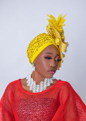 African/Nigerian Turban Yellow sequence, feathers and woven material