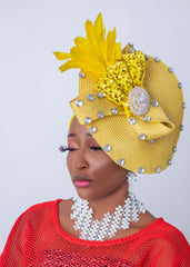 African/Nigerian Turban Yellow sequence, feathers and woven material